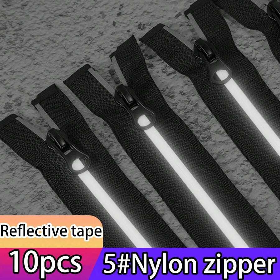 10pcs #5 Nylon Reflective Strips Zippers For Outdoor Jackets, Protective Clothing, DIY Sewing Accessories - #5 Nylon Zipper - View 1