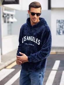 Moletom Casual Solto Masculino de Manga Longa com Capuz e Bordado do Nome da Cidade, Roupa de Estar em Casa - Azul Marinho - Visão 3