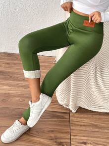 女士高腰加厚保暖打底裤，字母图案，适合冬季穿着 - 軍綠色 - 查看 4