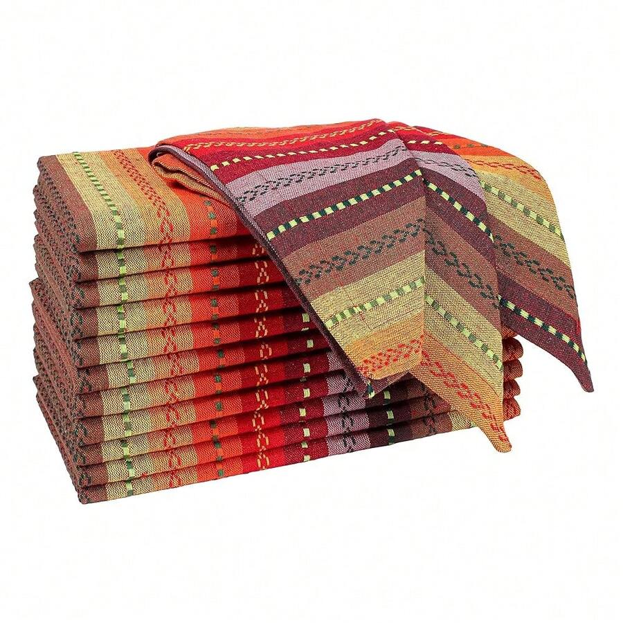 Ramanta Home 12-Pack Salsa Stripe 1OO% Best Cotton Dinner Napkin Oversized 20x20 With Mitered Corners & Generous Hem - Red Multi,20inchx20inch(Setof12),RedMulti - 紅多色 - 查看 1
