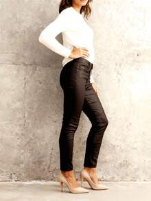 女士PU皮裤，女士弹力加绒PU牛仔裤，女士加绒仿皮裤，男友风加绒仿皮裤，拉链设计保暖PU皮紧身裤（冬季款），弹力舒适仿皮打底裤 - 咖啡棕 - 查看 3