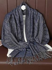 1件装女士经典简约复古风时尚休闲百搭提花围巾/头巾，适合搭配长袍 - 藏蓝色 - 查看 4