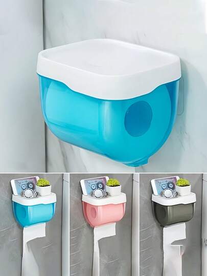 Waterproof Wall-Mounted Tissue Holder With Drawer, Suitable For Bathroom, Self-Adhesive Toilet Paper Dispenser, Multi-Function Tissue Box With Top Storage Shelf, For Home And Bathroom, Commercial Accessory, Home Cleaning Accessory