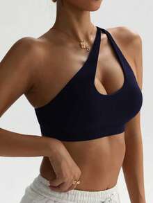 Women's Black Removable Padded Shoulder Knit Sports Bra - Navy Blue - View 4