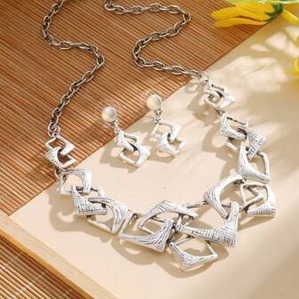 3件套耳环项链波西米亚风首饰套装，镀银几何设计，适合日常穿搭和派对配饰