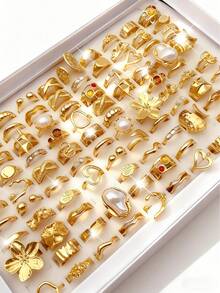 16/12/6pcs Vintage Elegant Everyday Bohemian Resort Style Floral Asymmetric Faux Pearl Colorful Gemstone Chunky Round Design Women Metal Ring Set, Suitable For Women's Daily, Party, Date, Holiday Wear, Stackable, Perfect Gift Choice (Random Delivery) - Gold 1 - View 4