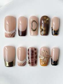 Conjunto de 10 adesivos de unhas quadrados longos com estampa floral em relevo de crocodilo, estilo vintage elegante Y2K Baddie, pintados à mão.