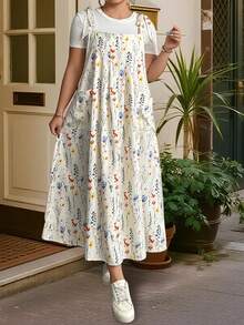 Women's Plus Size Overall Dress Tie Up Straps Floral Print Loose A-Line Suspender Dress Casual Cute Bib Dress - 白色 - 查看 3