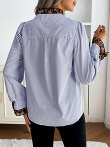 1pc Polyester Striped & Leopard Print Patchwork Button Down Collared Shirt, Suitable For Vacation, Spring/Autumn - Blue - View 6