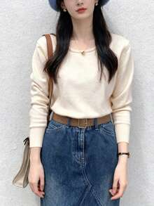 Women's Solid Color Loose Fit Casual Pullover Dropped Shoulder Short Knit Sweater - Apricot - View 6