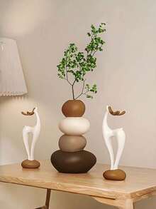 1pc Vase / A Pair Of Deer Ornaments, Modern Wabi-Sabi Style Home Decor (Stacked Stone Vase + Abstract Deer), Earth-Toned Minimalist Design - Geometric Vase-Themed Decoration. The Vase Is Not For Holding Water And Is Only Intended For Decorative Artificial Flowers. - Multicolor - View 2