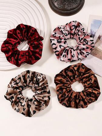 4 st leopardmönstrade sammetssnoddar, eleganta håraccessoarer för kvinnor, mångsidigt kombopaket i rött, rosa, ljusbrunt, brunt hårband, hårsnoddar