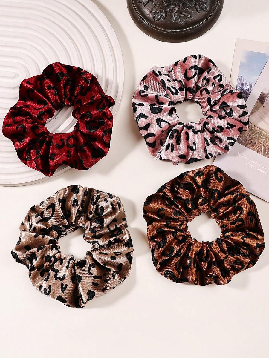 4个豹纹丝绒发圈，优雅女士发饰，多功能组合装，包含红色、粉色、浅棕色和棕色发绳。