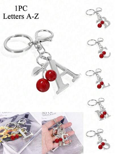 Premium Silver Elegant Letter Keychain, A-Z 3D Letter Pendant, Cherry Ornament, Fashionable Silver Key Chain Ring, Bag/Backpack Hanging Decoration, Car Key Chain, Perfect Accessory For Women, Great Gift For Couples, Classic Minimalist Keychain, Decorative Item, Bag Accessory, Suitable For Gifting To Friends, Family, Couples, Girlfriend, Important Gifts, Holiday Souvenirs, Back To School Gifts, Teacher's Day Gifts