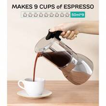 9 Cup Moka Pot 15oz Stovetop Espresso Maker For Italian Coffee Brewing Transparent Glass And Stainless Steel Dual-Tone Design Silver Finish Ideal For Home And Travel Use 450ml Capacity Perfect For Authentic Espresso Extraction On Gas Or Electric Stovetops - 不銹鋼 - 查看 2