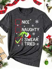 Nice Naughty I Tried Graphic Funny Christmas Crew Neck Short Sleeve T-Shirt, Casual Women Clothes For Fall And Winter