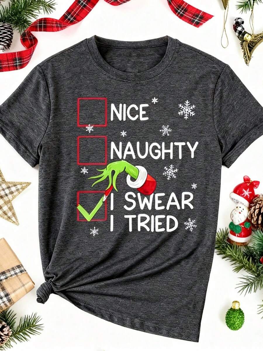 Nice Naughty I Tried Graphic Funny Christmas Crew Neck Short Sleeve T-Shirt, Casual Women Clothes For Fall And Winter