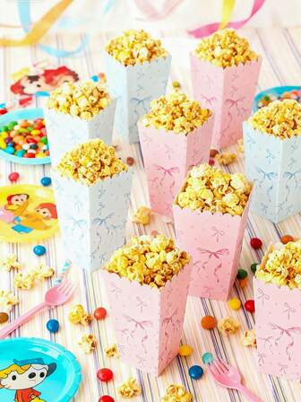 10pcs Bow Decor Popcorn Boxes, Baby Birthday Party Snack Storage Containers, Suitable For Housewarming, Birthday Party, Cookie & Candy Decoration