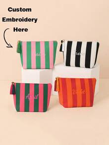Custom Embroidered Striped Makeup Bag, Color Block Cosmetic Pouch, Travel Toiletry Bag, Lightweight Portable Organizer For Daily Use, Coin Purse - Multicolor - View 1