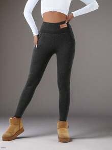 1条舒适保暖抓绒打底裤，休闲弹力口袋高腰全长打底裤，秋冬季