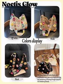 Retro Hand-Crocheted Crossbody Bag Bohemian Hollow-Out Floral Contrast Color Tote Bag Large Capacity Beach Bag Functional Boho Bag For Shopping Travel - 彩色 - 查看 2
