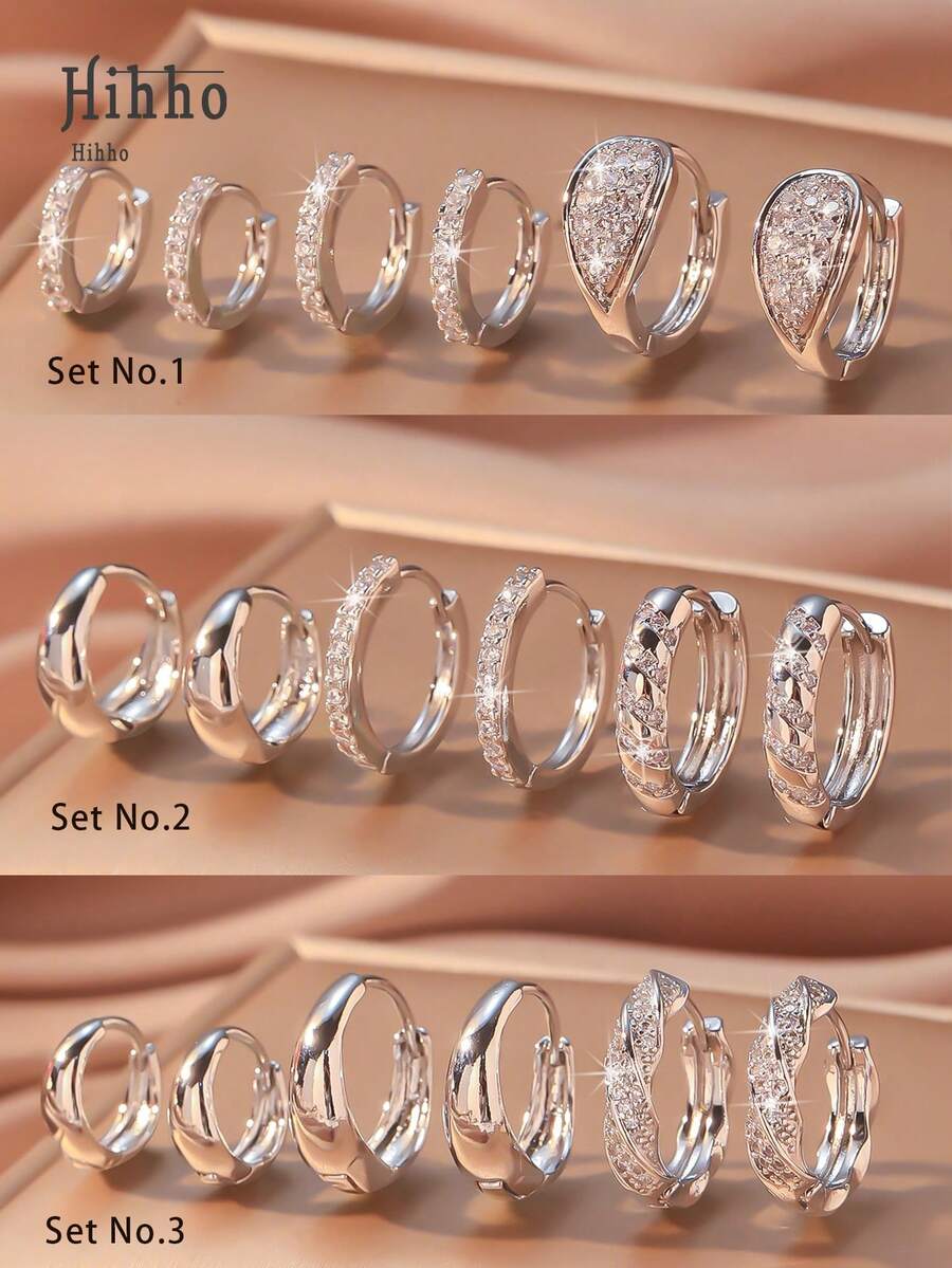 Hihho 6件套优雅奢华闪亮银色耳环套装，镶嵌白色立方氧化锆，多元素耳环，时尚优雅，适合女士日常/特殊场合佩戴
