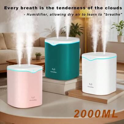1pc 2L Capacity Dual Mist Humidifier, Desktop Humidifier With Colorful LED Mood Light, Dual Nozzle Design, Large Mist Output, USB Powered, Long-Lasting And Auto Shut Off At Low Water Level. Suitable For Office, Living Room, Bedroom, Plant Humidifying And Home Decor.