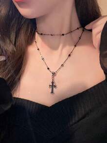 欧美风十字架吊坠项链，前卫甜美哥特风多层流苏长项链，女士毛衣链 - 彩色 - 查看 1