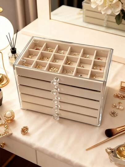 1 Pc, 54 /18compartments, 5/3 Layers, Transparent, Velvet Fabric, Acrylic Jewelry Organizer - Large Capacity For Earrings, Rings, And Necklaces; Suitable For Home And Travel; Fade-Resistant Padded Drawer Design (Includes Jewelry Tray); A Modern Style Jewelry Box For Women; A Jewelry Organizer With Multiple Drawers