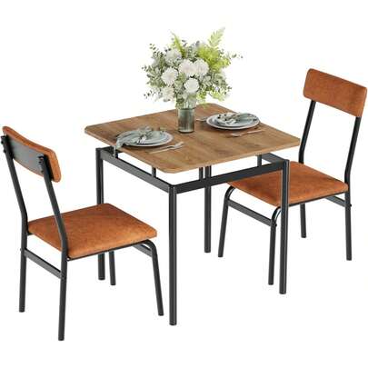 Conjunto de mesa de comedor de 3 piezas para 2, mesa de cocina de ahorro de espacio con mesa de marco de metal y silla de cuero PU para espacio pequeño, cocina, comedor, apartamento