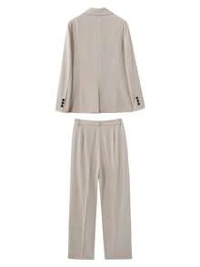 女士休闲宽松纯色口袋双排扣长袖套装，适合春、夏、秋季日常办公穿着。 - 灰色 - 查看 11