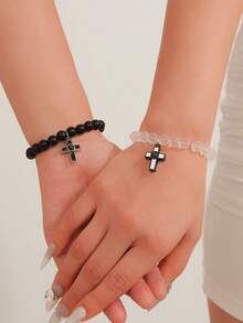 ATLVXJL 2pcs/Set Glow-In-The-Dark Heart, Cross Projection Bead Couple Bracelets, Casual Jewelry Suitable For Daily Wear And Holiday Gift - Multicolor - View 2
