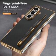 VIETAO Funda de teléfono con diseño chapado y bolígrafo incorporado, compatible con Samsung Galaxy Z Fold 7 6 5 4, funda de teléfono con textura de fibra de carbono - Negro - Ver 7