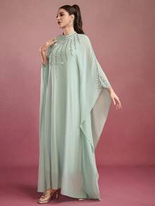 长袖立领蝙蝠袖长袍，饰有串珠和水钻不对称设计，采用无弹力梭织面料制成 - 綠色 - 查看 5