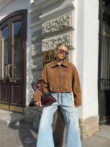 Elegant Women's Short Faux Suede Jacket, Zipper Closure, Long Sleeve, Pockets, Perfect Casual Outerwear - Coffee Brown - View 3