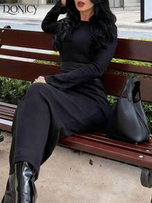 DONICY Damen einfarbiges lang geschnittenes Lässig Kleid mit schmalem Schnitt und Rundhalsausschnitt, geeignet für Zuhause, Lässig, Ausflüge, Fotografie und Einkaufen