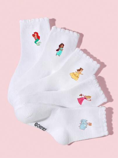  1/5 Pair Disney Spring/Summer White Cartoon Boy/Girl Socks, Cute Princess Pattern, Fashionable Breathable Moisture-Wicking Sports Socks, Soft Skin-Friendly Casual Ankle Socks, Suitable For Back To School, Classroom, New Semester, Students, Birthday Party, Holiday Gifts