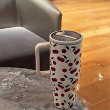 mikenda 1 st. 40oz vakuumisolerad vattenflaska i rostfritt stål med lock och sugrör, sött körsbärsmönster, termosmugg för kvinnor, resekaffekopp, alla hjärtans dag/julklapp, snyggt dricksglas - Vitt - Visa 3