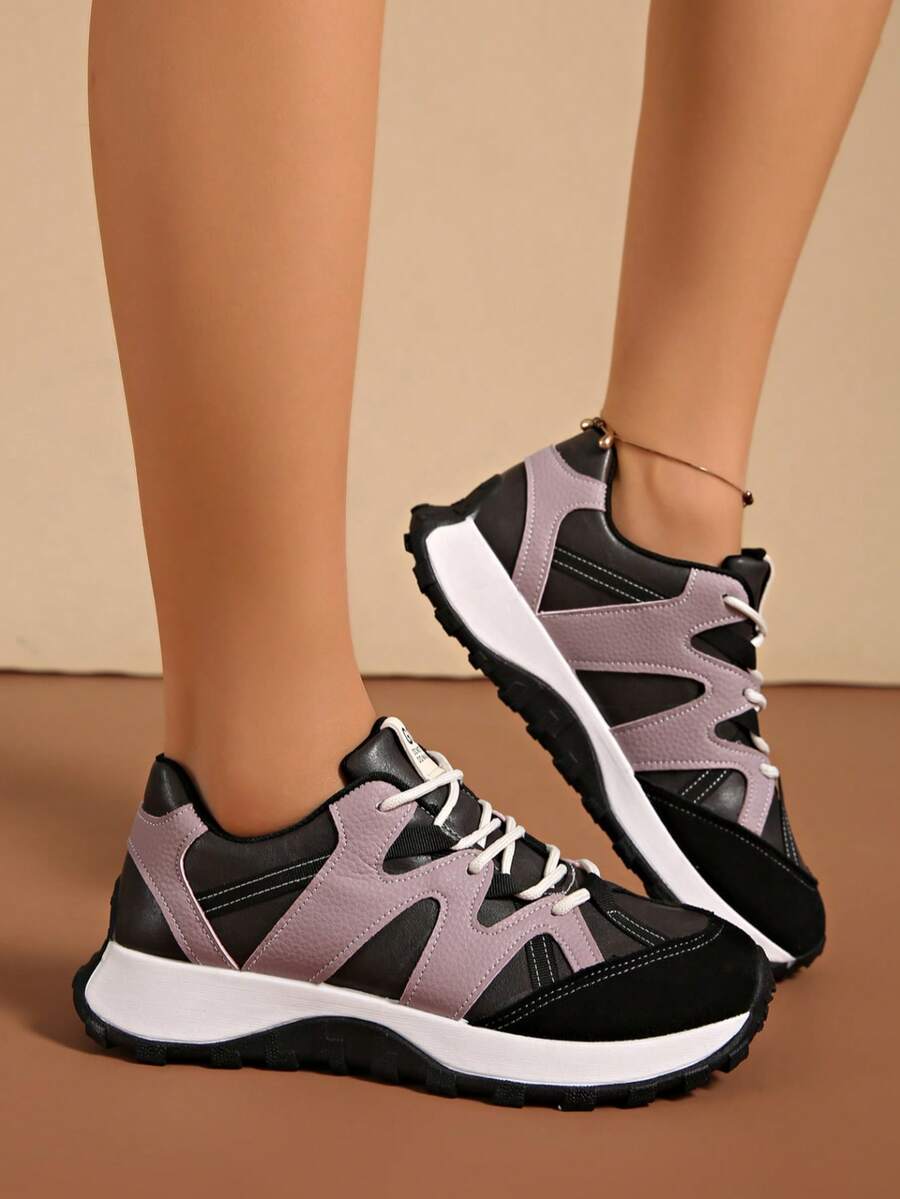 1双女士极简轻便舒适系带运动鞋，2026新款时尚休闲通勤四季防滑橡胶底户外厚底运动鞋 - 黑色 - 查看 1