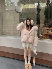 Women's Down Coat, Fur-Trimmed, Short Down, Windproof, Stand Collar, Thick, Cute, Casual, Outdoor, Autumn/Winter - Baby Pink - View 3