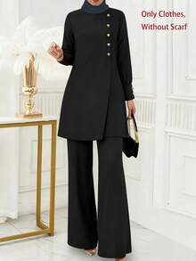 Women's Elegant Long Sleeve Button Decor Lantern Sleeve Round Neck Short Dress With Elastic Waist Flared Pants Set, Casual Solid Color Front Button Office Wear 2-Piece Outfit, Spring/Summer - Black - View 2