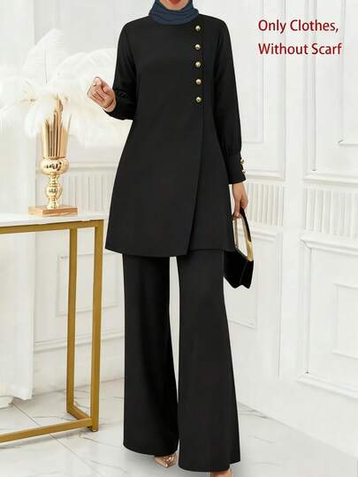 Dam Elegant Långärmad Knappdekoration Lanternärm Rund Hals Kort Klänning med Resår i Midjan Utsvängda Byxor, Avslappnad Enfärgad Knappar Framtill Kontorskläder 2-Delad Outfit, Vår/Sommar