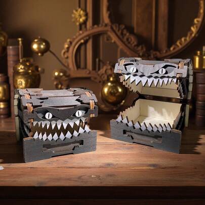 Dungeon & Dragon Style Mimic Chest - Wooden Craft Figurine, Multi-Functional Storage Box For Dice, Mini Toys, Building Blocks | Tabletop Game Decor & Home Ornament,Best Christmas Gift For D&D Fans