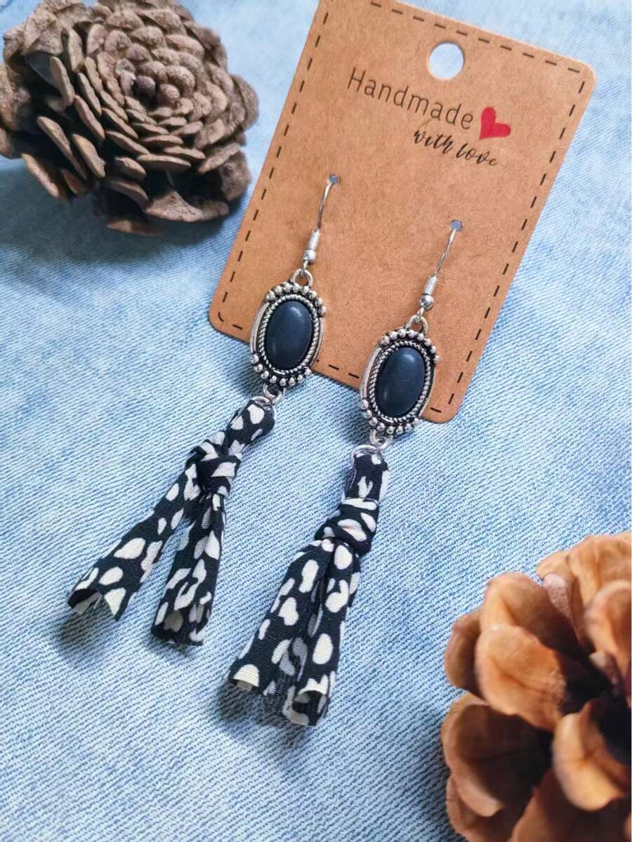 一对可爱绿松石镶嵌波点布艺蝴蝶结流苏耳环，适合任何季节、节日、派对、海滩旅行、日常佩戴 - 耳環 - 查看 1