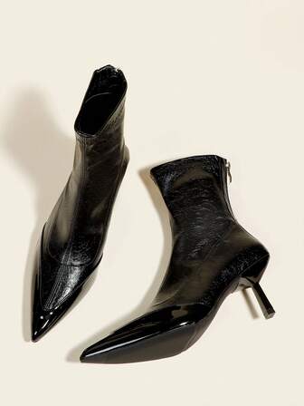 Women's Black Patchwork Ankle Boots And Short Boots, 7cm High Heel, Elastic Skinny Boots, Comfortable And Fashionable Pointed Toe High Heel Boots