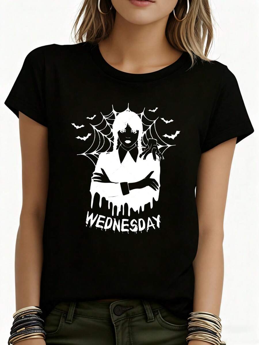 Women Casual T Shirt White Wednesday Addams Gothic Spider Web Bats Print For Halloween Party Costume Halloween Christmas Thanksgiving 280g Round Neck Sweatshirt - 黑色 - 查看 1
