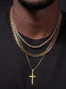 3pcs Hollow Cross Chain Necklace With Twisted Rope Chain, Best Gift For Friends, Fashionable For Daily And Vacation Wear - Vàng - Xem 4