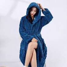 1pc Solid Color Hooded Bathrobe, Women Long Robe, Soft Absorbent Loungewear For Bathroom, Pool, Shower, All Season, Premium Gift - Dark Grey - View 14