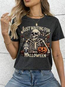 女士夏季休闲圆领短袖图案T恤，万圣节主题