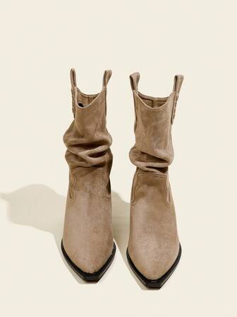 Women's Camel Short Boots, Retro Chunky Heel Pointed Toe Western Cowboy Boots, Rider Boots, Maillard Short Boots, New Suede Slouch Boots For Autumn/Winter